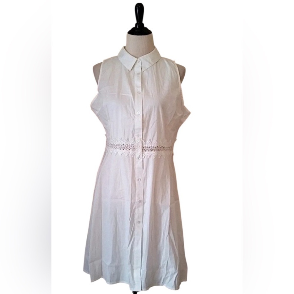 White Shirt Dress Button Front Collared Sheer Lace Waist Coquette PreppySize 10